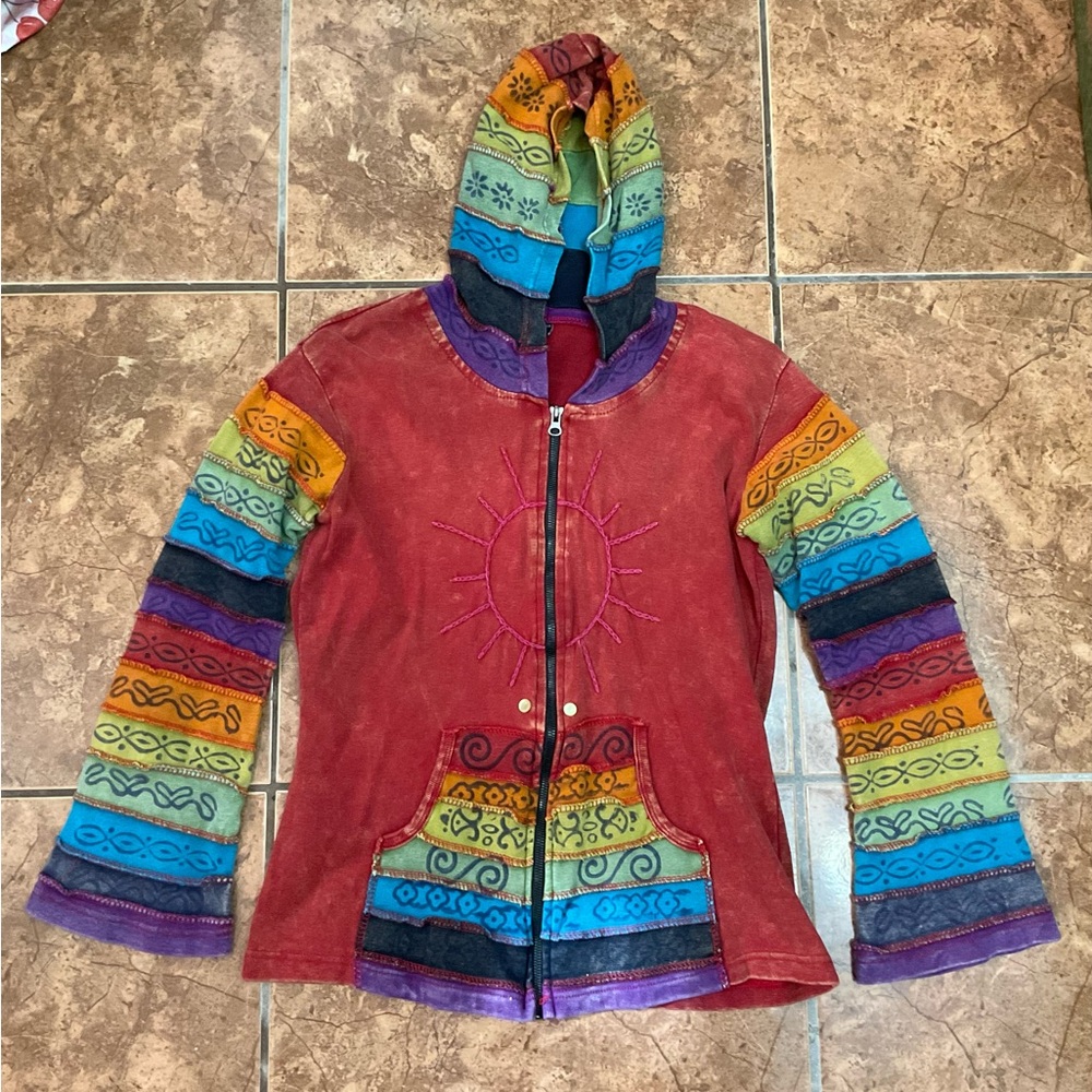 Women’s Red Hooded Zip Jacket with Rainbow Trim - Picture 3 of 7